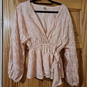 Women's Blush Pink Wrap Peplum Top with Metallic Stitching